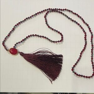 Elegant Burgundy Beaded Necklace with Tassel